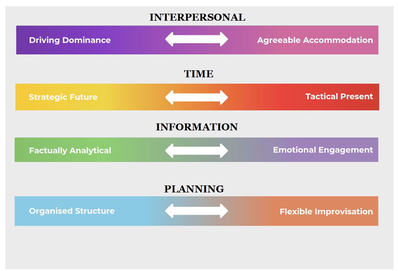 A chart with four colored bars showing contrasts: Driving Dominance vs. Agreeable Accommodation (Interpersonal), Strategic Future vs. Tactical Present (Time), Factually Analytical vs. Emotional Engagement (Information), Organised Structure vs. Flexible Improvisation (Planning).