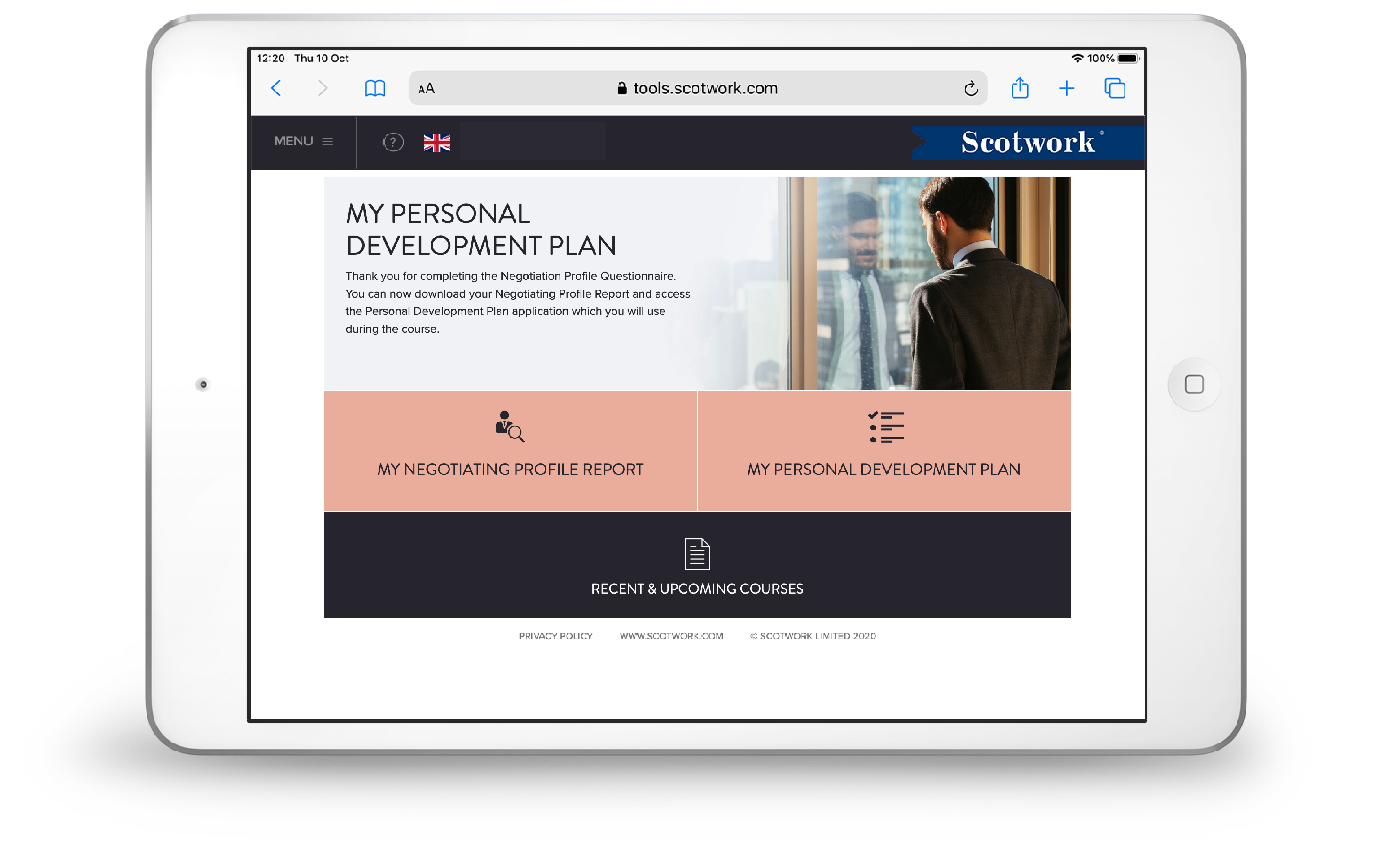 A tablet displays the Scotwork website with options for My Negotiating Profile Report and My Personal Development Plan. A man in a suit stands by a window in the top right image.