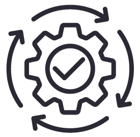 A black outline of a gear with a checkmark inside, surrounded by three curved arrows forming a circular motion, symbolizing process, efficiency, or quality assurance.