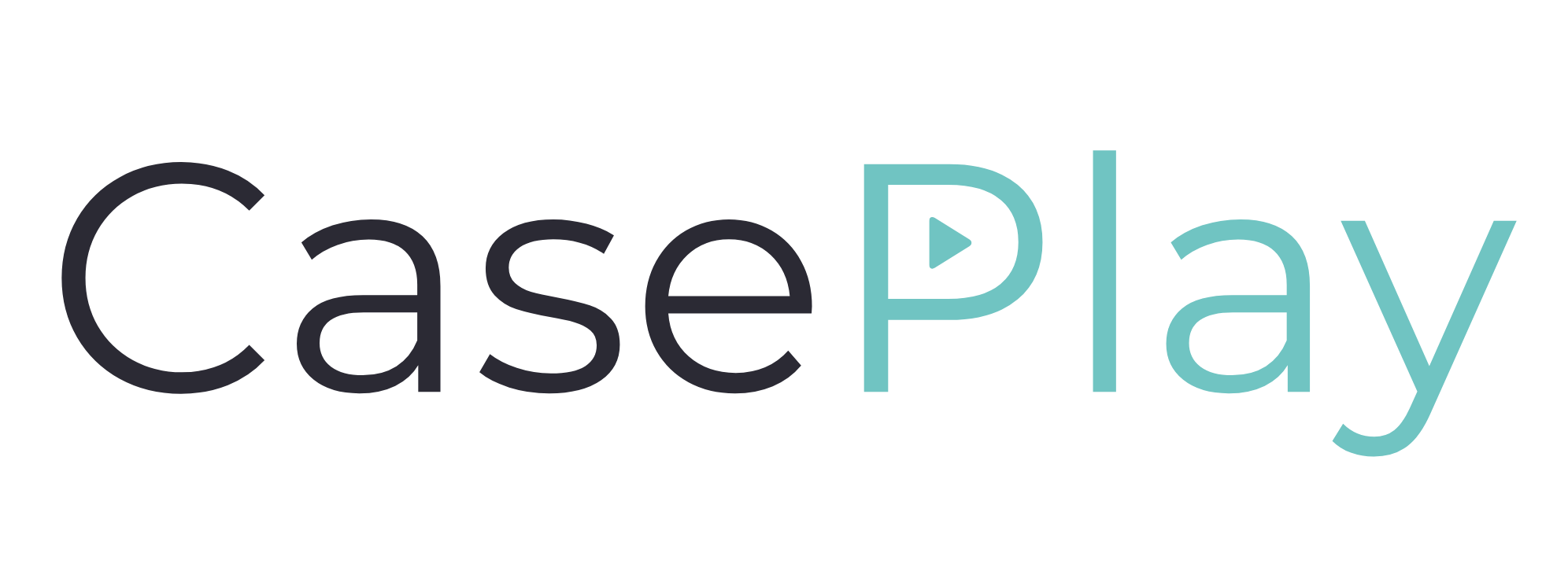 The image shows the word CasePlay in a modern font. Case is in black, and Play is in light blue-green, with the P stylized as a play button. The background is light gray.