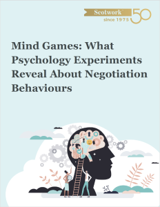 Cover image featuring the title Mind Games: What Psychology Experiments Reveal About Negotiation Behaviours with an illustration of people exploring a large human head filled with gears and symbols, and the Scotwork 50th anniversary logo.